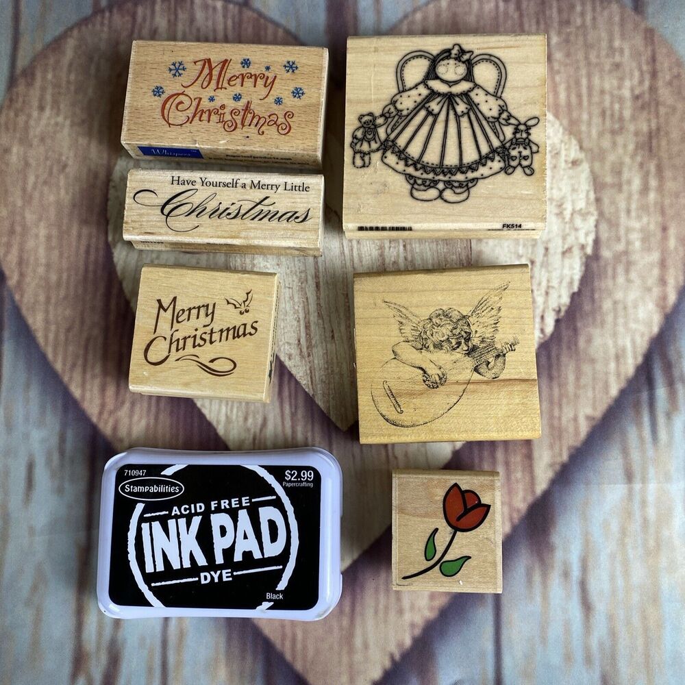 Lot Of 6 Wood Mounted Rubber Stamps Christmas Angel Floral With Black Ink Pad